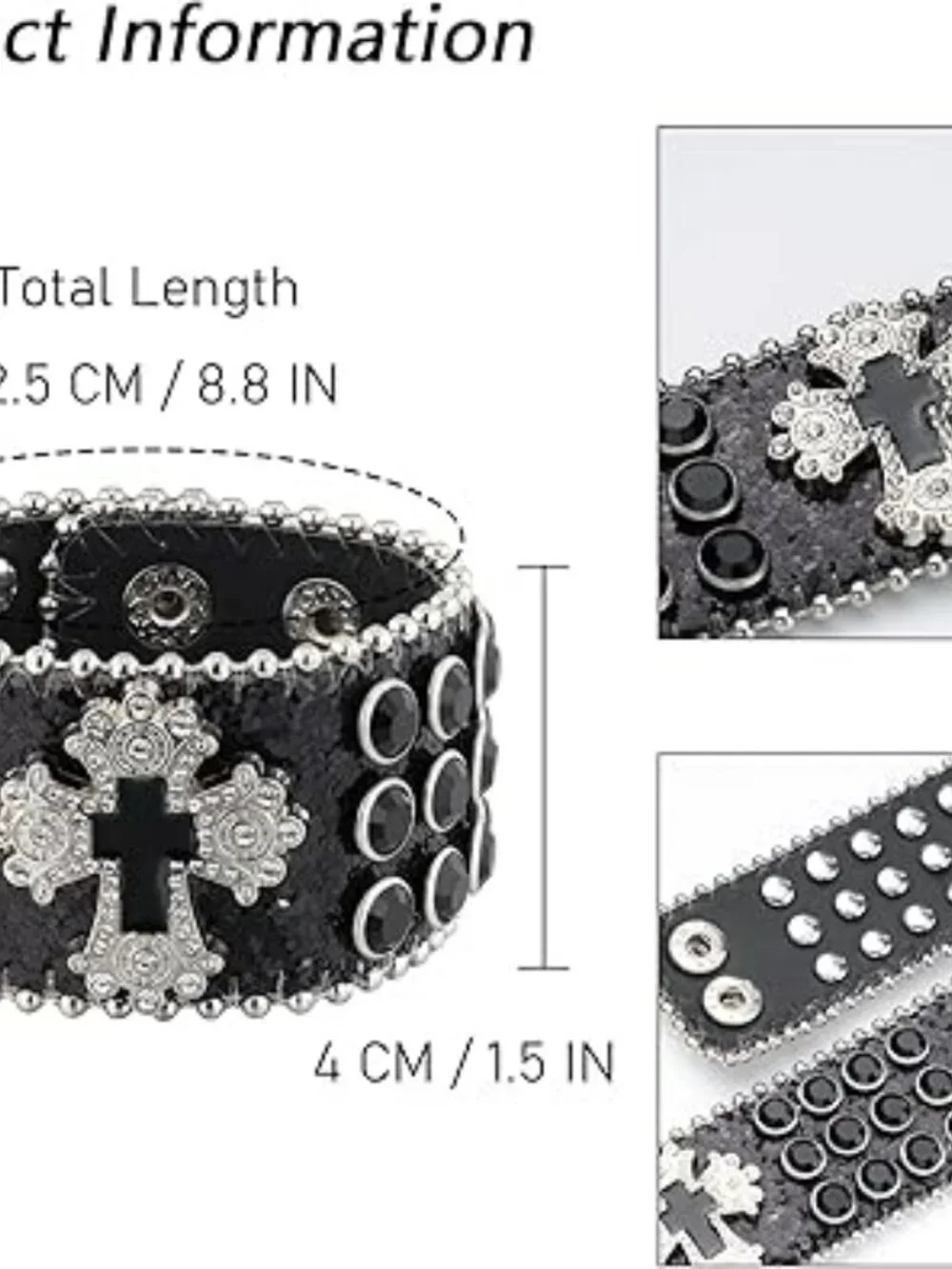 Wide Black Leather Bracelet Silver Cross Blk Gems and Silver Rivets Adjustable